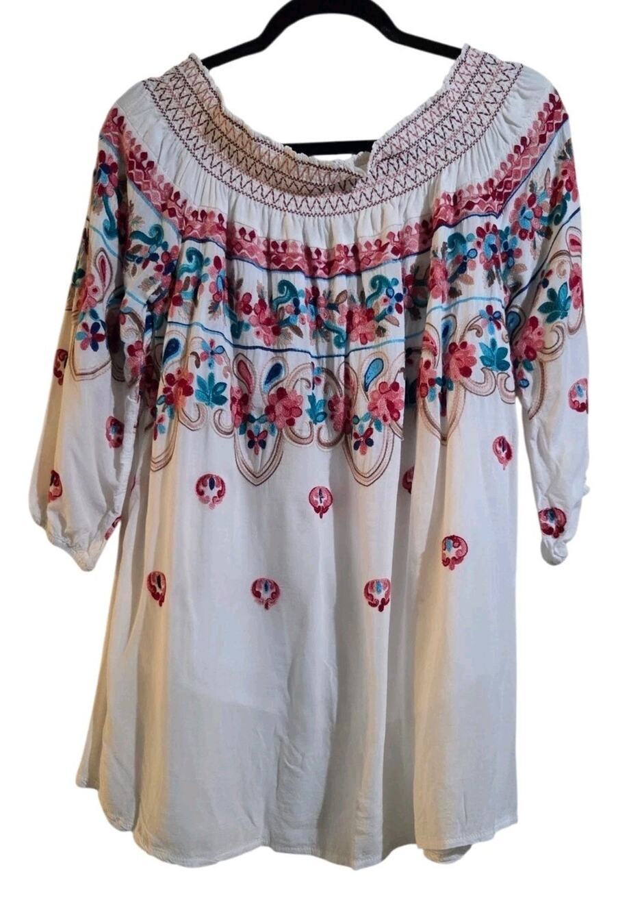 Mirror Image Boho Top Women’s Sz Large Embroidery Floral 3/4 Sleeve Colorful Y2K